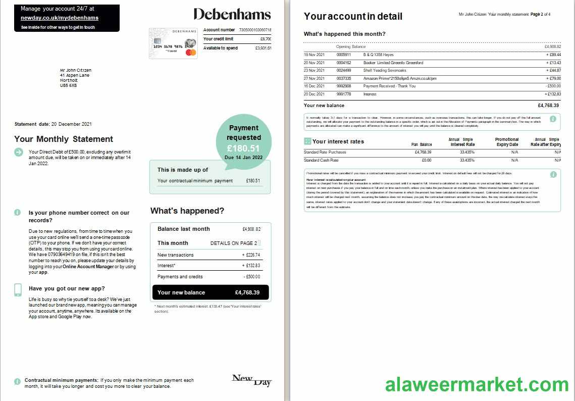 United Kingdom Debenhams card monthly statement Word and PDF template, 4 pages